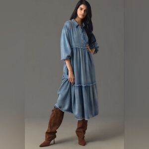 Anthropologie Blue Denim Midi Shirt Dress